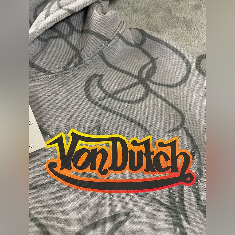Von Dutch Hooded Sweatshirt Mens Small / Medium Logo Gray Hoodie 8 Ball Flames - Picture 5 of 15